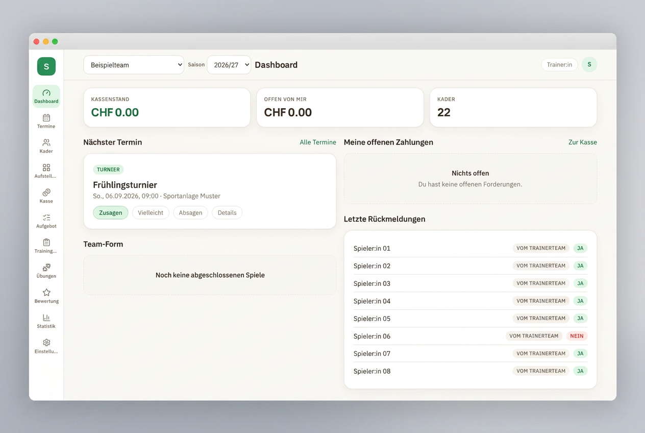 Squadly-Dashboard am Computer mit Termin, Rückmeldungen, Kader und Teamübersicht